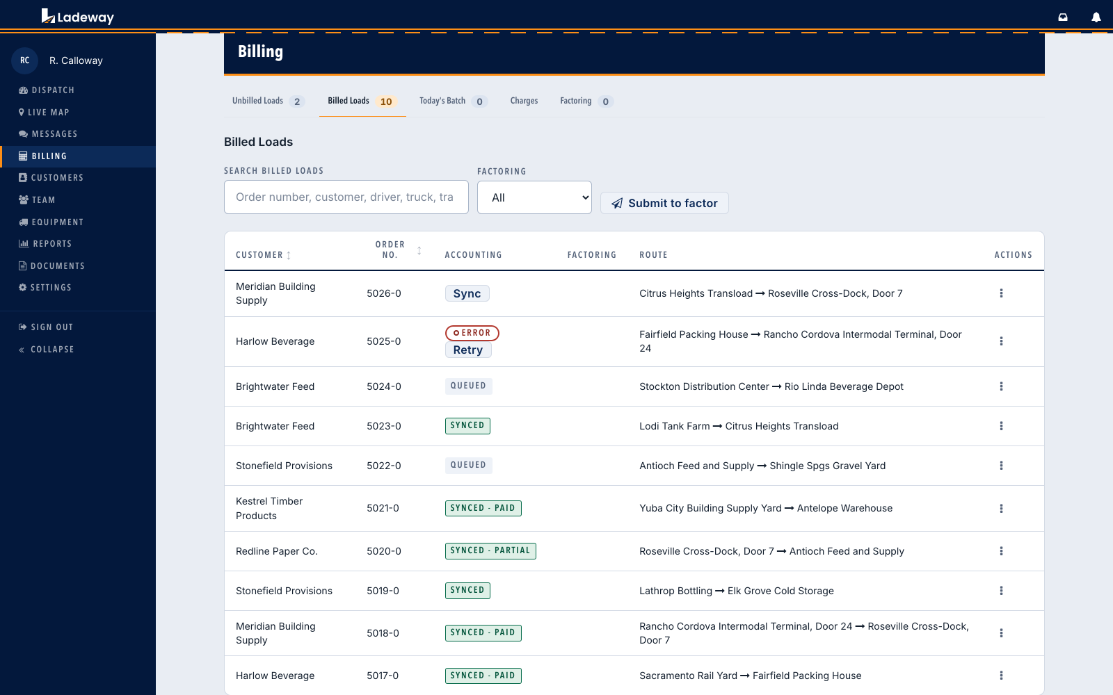 The Billed Loads list. An Accounting column shows one status chip per row: Synced, Synced and paid, Synced and partial, Queued, Error and retry, and a Sync button on the row that has not been pushed to the accounting system yet.
