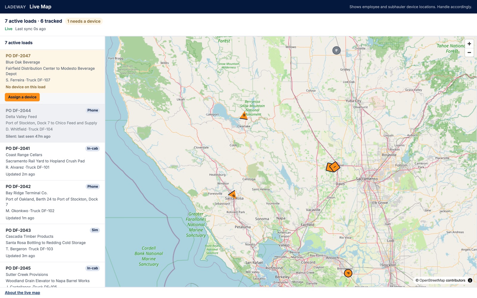 Ladeway's live map. Six truck markers sit across Northern California between Oakland, Sacramento and Chico, and a rail of load cards runs down the left. The load with no device on it is pinned to the top in amber with an Assign a device button, and a load whose phone has gone quiet is greyed out beneath it.