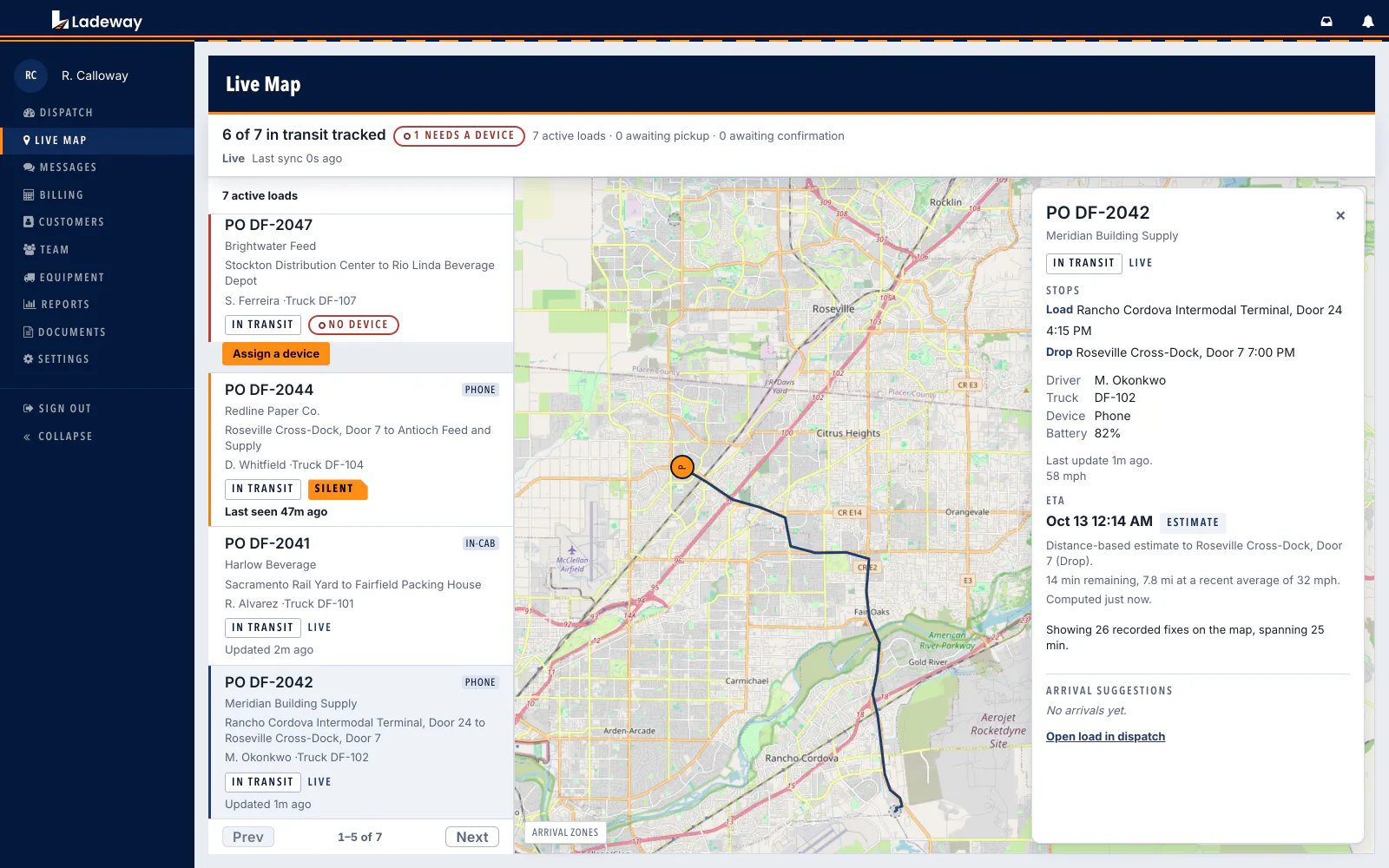 A load card open beside the live map. It lists both stops with their times, the driver, the truck, the device, a battery at 82 percent and a current speed of 58 miles per hour, then an estimated arrival time under a chip reading Estimate, with one line naming the stop it is measured to.