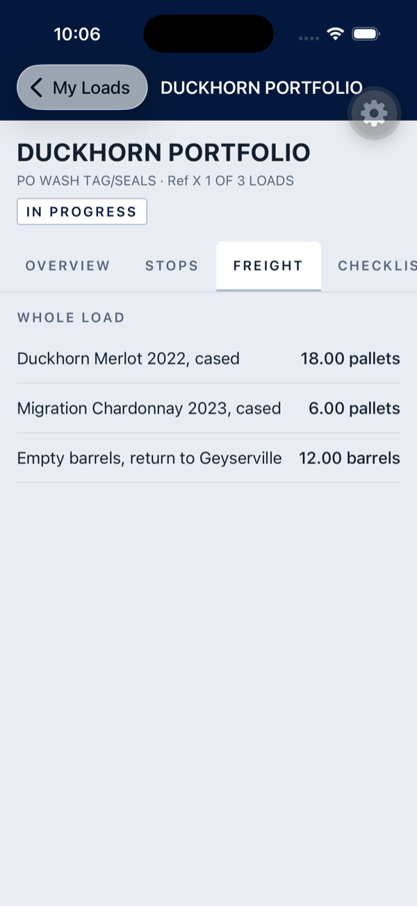 The driver app's Freight tab for a load: the items on the truck with their counts, grouped by the stop they load and unload at.