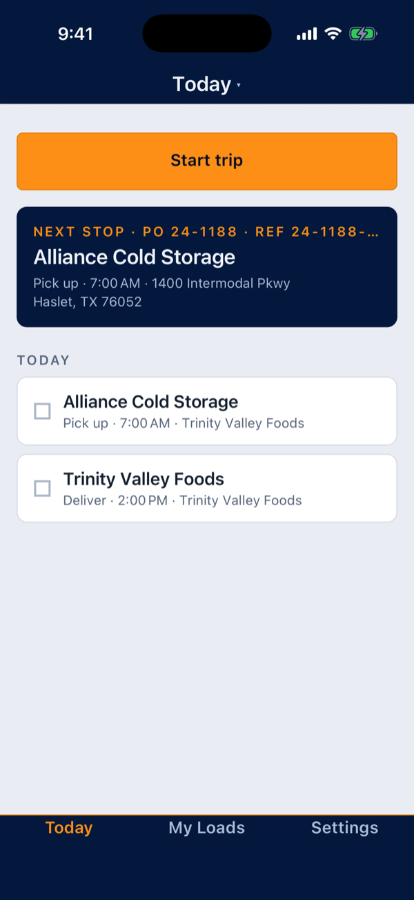 The driver app's Today screen: a Start trip button above a Next stop card naming the pickup, its time and its street address, with the day's stops listed underneath as a checklist.